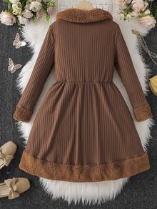 Girls Borg Collar Button Front Dress - Brown - View 2