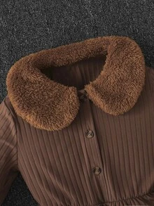 Girls Borg Collar Button Front Dress - Brown - View 3