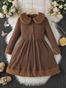 Girls Borg Collar Button Front Dress - Brown - View 7