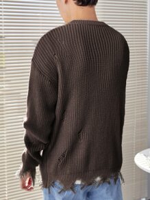 Manfinity EMRG 男士落肩袖破洞破洞毛衣 - 咖啡棕 - 查看 2