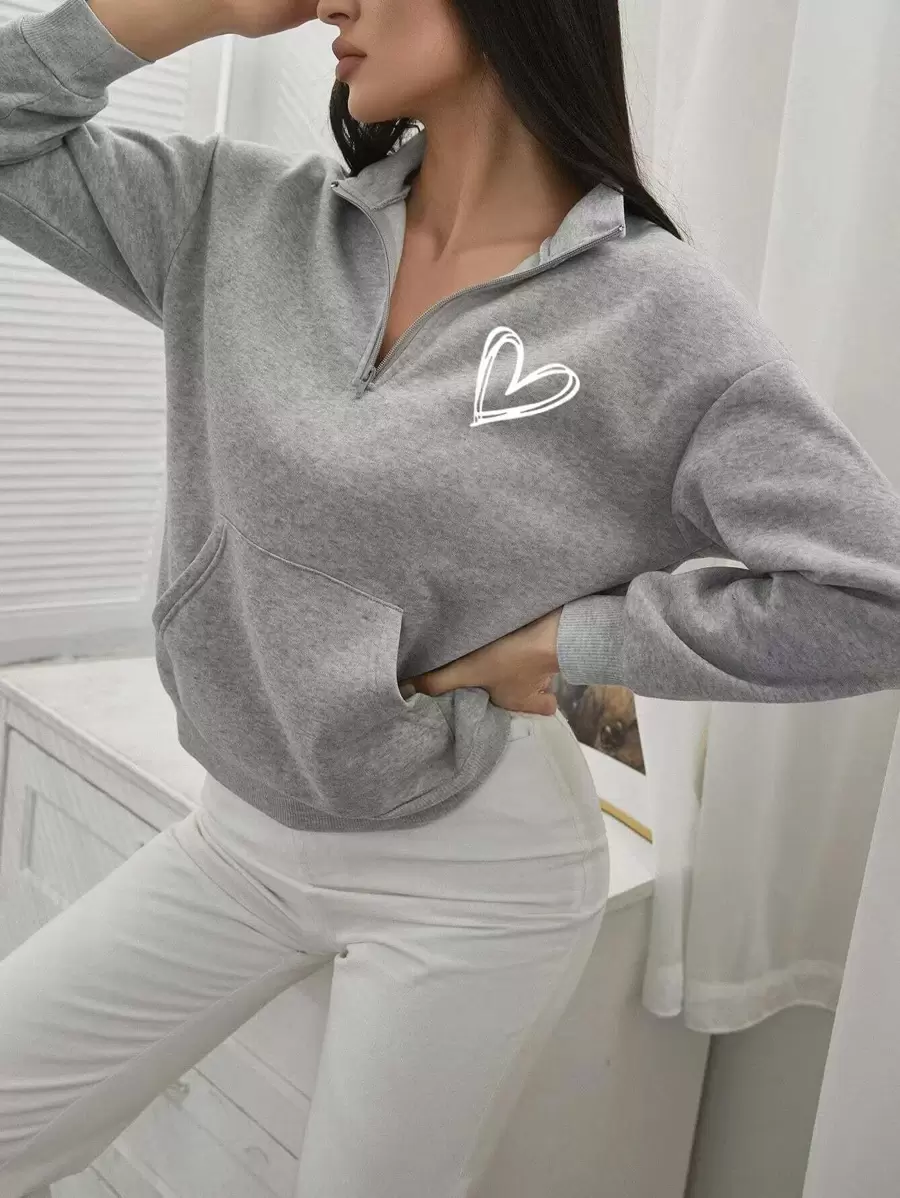 INAWLY Heart Print Half Zip Drop Shoulder Sweatshirt,Long Sleeve Tops Graduation,Back To School,Graduation,Teacher For Women,Back To School Pullover Fall Sweatshirt - Light Grey - View 1
