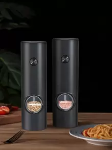 电动盐和胡椒研磨器 2 件套，自动操作盐胡椒研磨器套装，粗细度可调，电池供电，LED 灯，电动盐和胡椒研磨器套装，电池供电胡椒研磨器带 LED 灯，单手操作，粗细度可调，盐和胡椒，单手操作 - 黑色