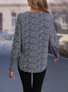 SHEIN Clasi Allover Print V Neck Blouse - Blue and White - View 2