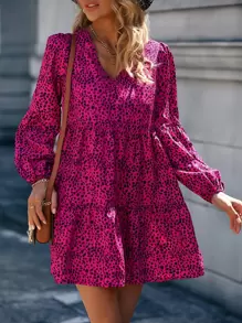 SHEIN LUNE 斑點印花燈籠袖荷葉邊娃娃裙 - 玫紅色 - 查看 4