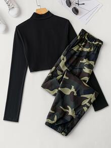 SHEIN Unity Half Zip Tee & Camo Print Trousers - Black - View 2