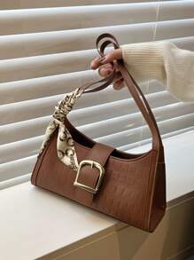 鱷魚壓紋圍巾和搭扣裝飾法棍包 - 棕色 - 查看 1