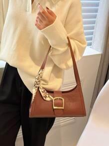 鱷魚壓紋圍巾和搭扣裝飾法棍包 - 棕色 - 查看 2