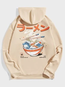 Manfinity VCAY Men Japanese Slogan and Cartoon Graphic Hoodie - Apricot - View 3