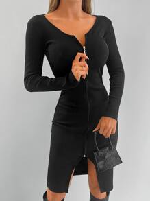 EURMUSE Vestido ajustado con cremallera bajo con abertura - Negro - Ver 3