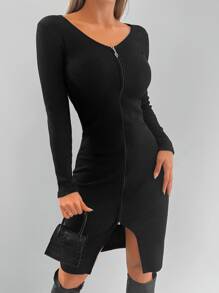 EURMUSE Vestido ajustado con cremallera bajo con abertura - Negro - Ver 4
