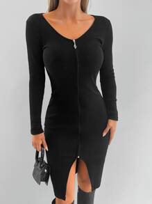 EURMUSE Vestido ajustado con cremallera bajo con abertura - Negro - Ver 5