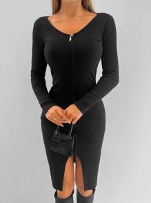 EURMUSE Vestido ajustado con cremallera bajo con abertura - Negro - Ver 6