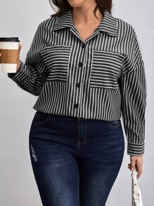 SHEIN Clasi Plus Striped Print Drop Shoulder Shirt - Black and White - View 1