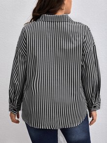SHEIN Clasi Plus Striped Print Drop Shoulder Shirt - Black and White - View 2