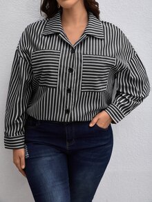 SHEIN Clasi Plus Striped Print Drop Shoulder Shirt - Black and White - View 4