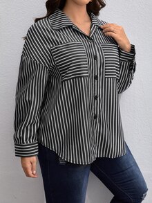 SHEIN Clasi Plus Striped Print Drop Shoulder Shirt - Black and White - View 5
