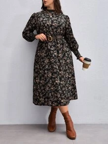 SHEIN Clasi Plus Floral Print Lantern Sleeve Dress Without Belt - Black - View 1