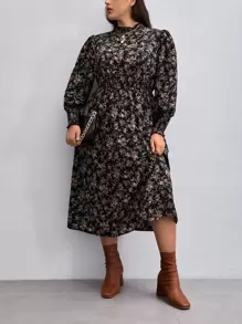 SHEIN Clasi Plus Floral Print Lantern Sleeve Dress Without Belt - Black - View 3