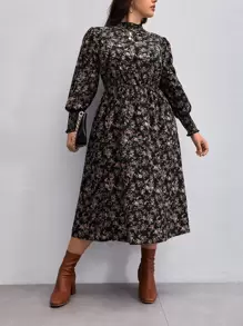 SHEIN Clasi Plus Floral Print Lantern Sleeve Dress Without Belt - Black - View 6