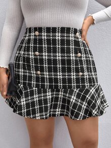 SHEIN Privé Falda de cuadros con botón falso bajo con fruncido tweed - Blanco y Negro - Ver 1