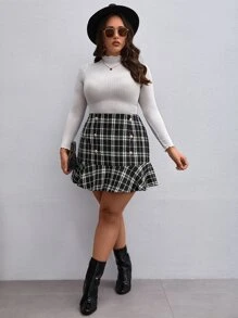 SHEIN Privé Falda de cuadros con botón falso bajo con fruncido tweed - Blanco y Negro - Ver 3