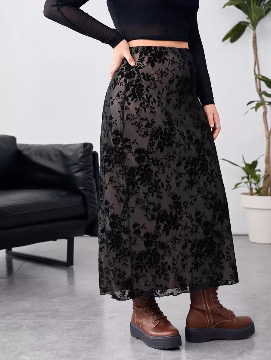 SHEIN Essnce 大碼印花網紗覆蓋半身裙