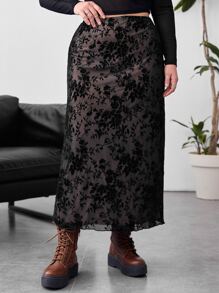 SHEIN Essnce 大碼印花網紗覆蓋半身裙