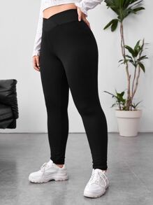 SHEIN EZwear Plus Solid High Waist Leggings - Black - View 3
