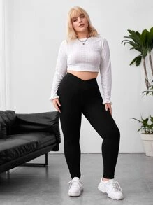 SHEIN EZwear Plus Solid High Waist Leggings - Black - View 4