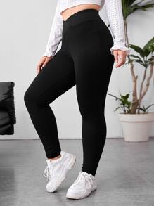 SHEIN EZwear Plus Solid High Waist Leggings - Black - View 5
