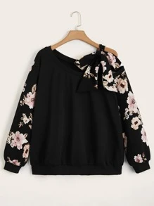 SHEIN LUNE Plus Floral Print Knot Asymmetrical Neck Sweatshirt - Black - View 1