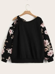 SHEIN LUNE Plus Floral Print Knot Asymmetrical Neck Sweatshirt - Black - View 2