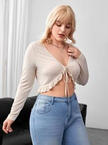 SHEIN Essnce Top con cordón delantero bajo con fruncido - Beis - Ver 4