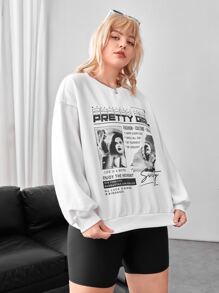 SHEIN EZwear Áo nỉ Plus Size Con số Slogan Giải trí - trắng - Xem 6