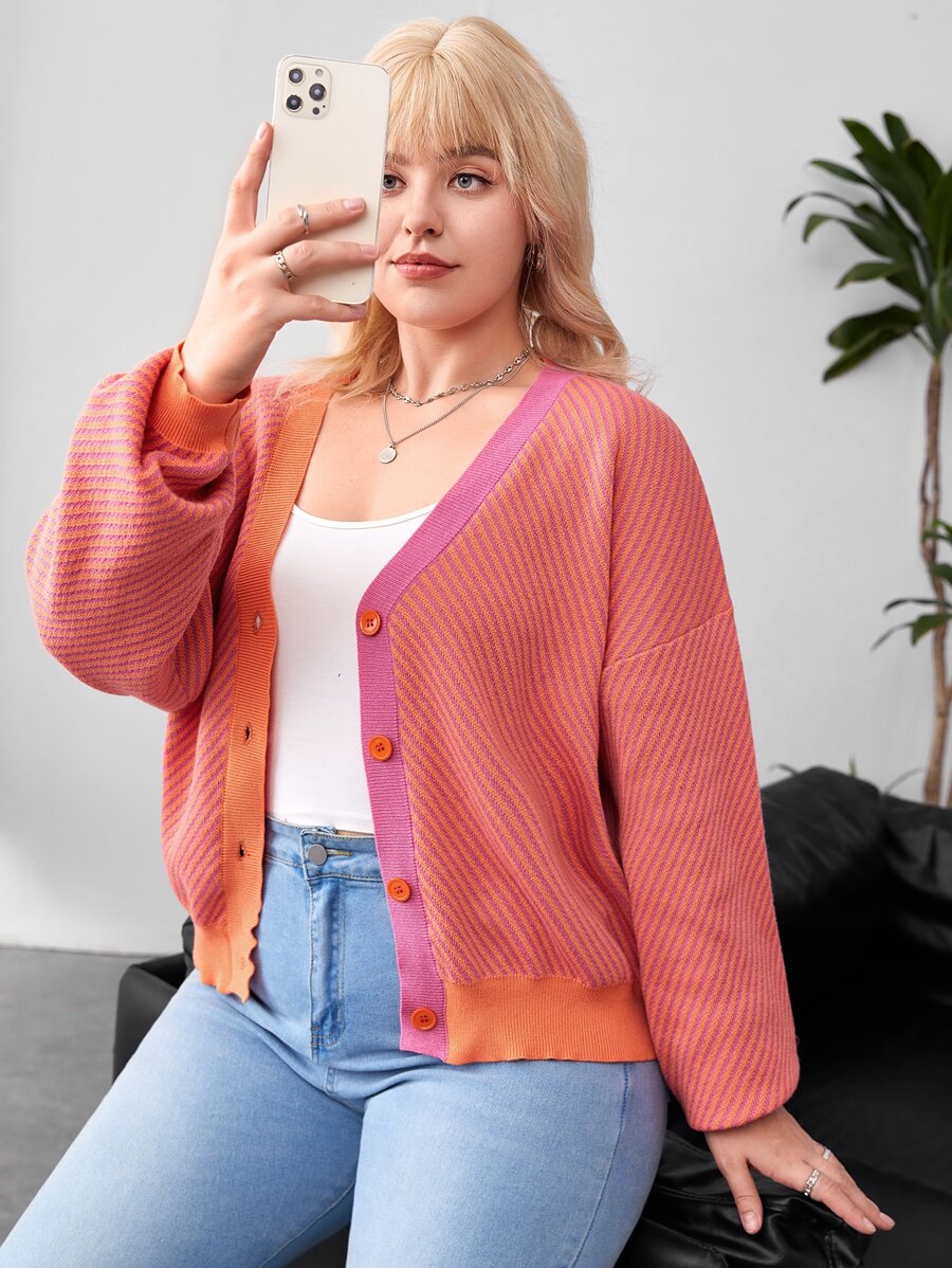 Plus Contrast Trim Drop Shoulder Cardigan - Coral Pink - View 1