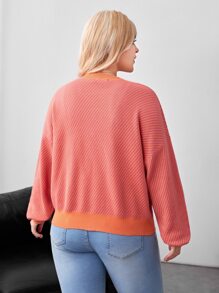 Plus Contrast Trim Drop Shoulder Cardigan - Coral Pink - View 2