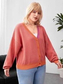 Plus Contrast Trim Drop Shoulder Cardigan - Coral Pink - View 5