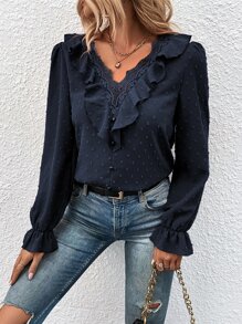 SHEIN Clasi Swiss Dot Guipure Lace Panel Ruffle Trim Flounce Sleeve Blouse - Navy Blue - View 1