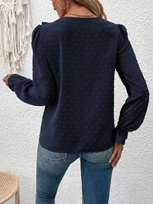 SHEIN Clasi Swiss Dot Guipure Lace Panel Ruffle Trim Flounce Sleeve Blouse - Navy Blue - View 2