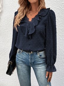 SHEIN Clasi Swiss Dot Guipure Lace Panel Ruffle Trim Flounce Sleeve Blouse - Navy Blue - View 3