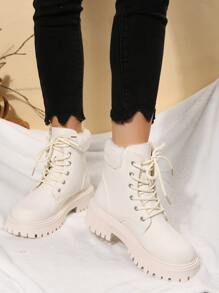 Mặt trước thắt dây Lót nhiệt Giày ống Tây Combat 
   , Màu be Phong cách Preppy Nối Màu thuần Của phụ nữ Giày ống thời trang - Màu be - Xem 3
