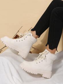 Mặt trước thắt dây Lót nhiệt Giày ống Tây Combat 
   , Màu be Phong cách Preppy Nối Màu thuần Của phụ nữ Giày ống thời trang - Màu be - Xem 4