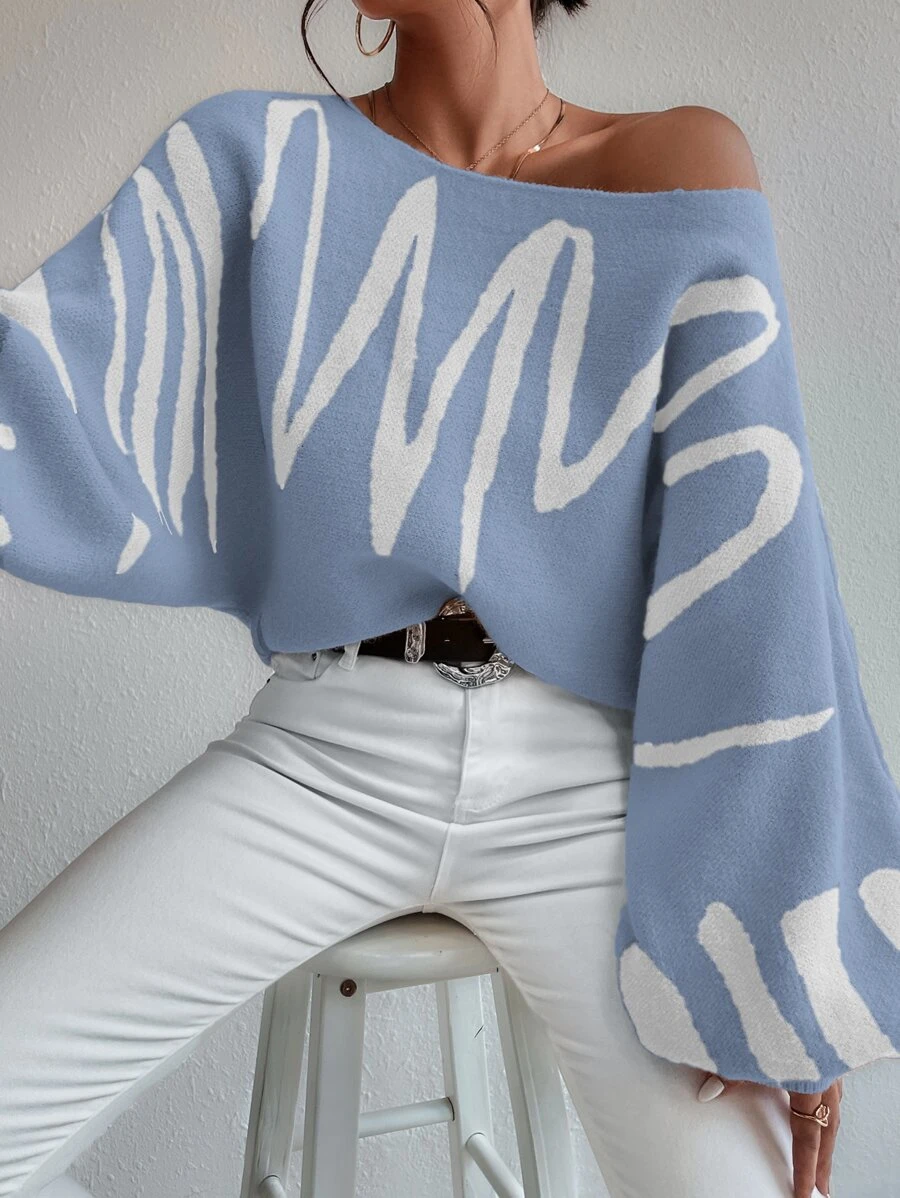 Chiquease 圖形圖案燈籠袖套頭毛衣 - 霧霾藍 - 查看 1