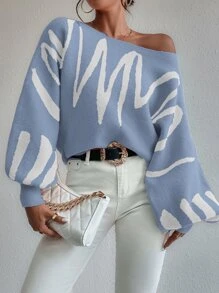 Chiquease 圖形圖案燈籠袖套頭毛衣 - 霧霾藍 - 查看 6