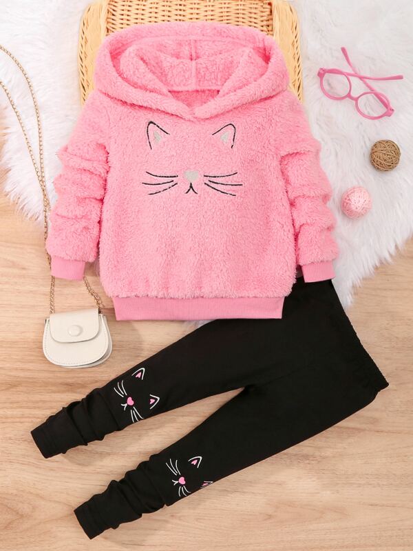 SHEIN Young Girl Cartoon Embroidery Teddy Hoodie & Leggings