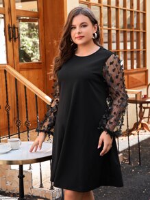 SHEIN Clasi 大碼貼花細節網紗拼接燈籠袖洋裝 - 黑色 - 查看 4