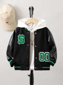 SHEIN Toddler Boy Jackets Đắp vá Nút phía trước Lá thư Sọc Giải trí - màu đen - Xem 1