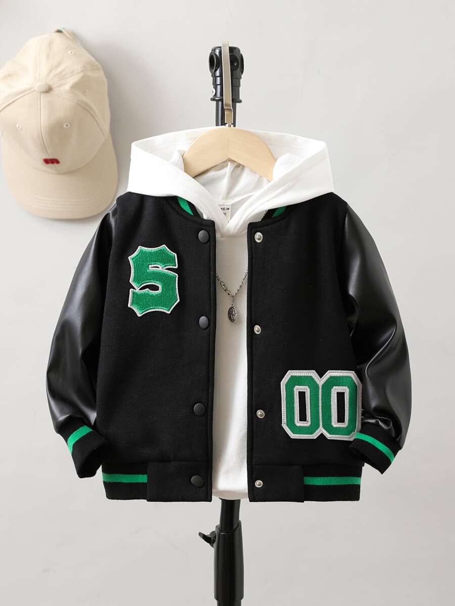 SHEIN Toddler Boy Jackets Đắp vá Nút phía trước Lá thư Sọc Giải trí - màu đen - Xem 1