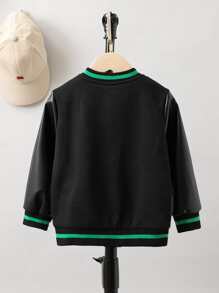 SHEIN Toddler Boy Jackets Đắp vá Nút phía trước Lá thư Sọc Giải trí - màu đen - Xem 2