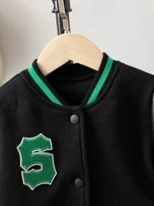 SHEIN Toddler Boy Jackets Đắp vá Nút phía trước Lá thư Sọc Giải trí - màu đen - Xem 3